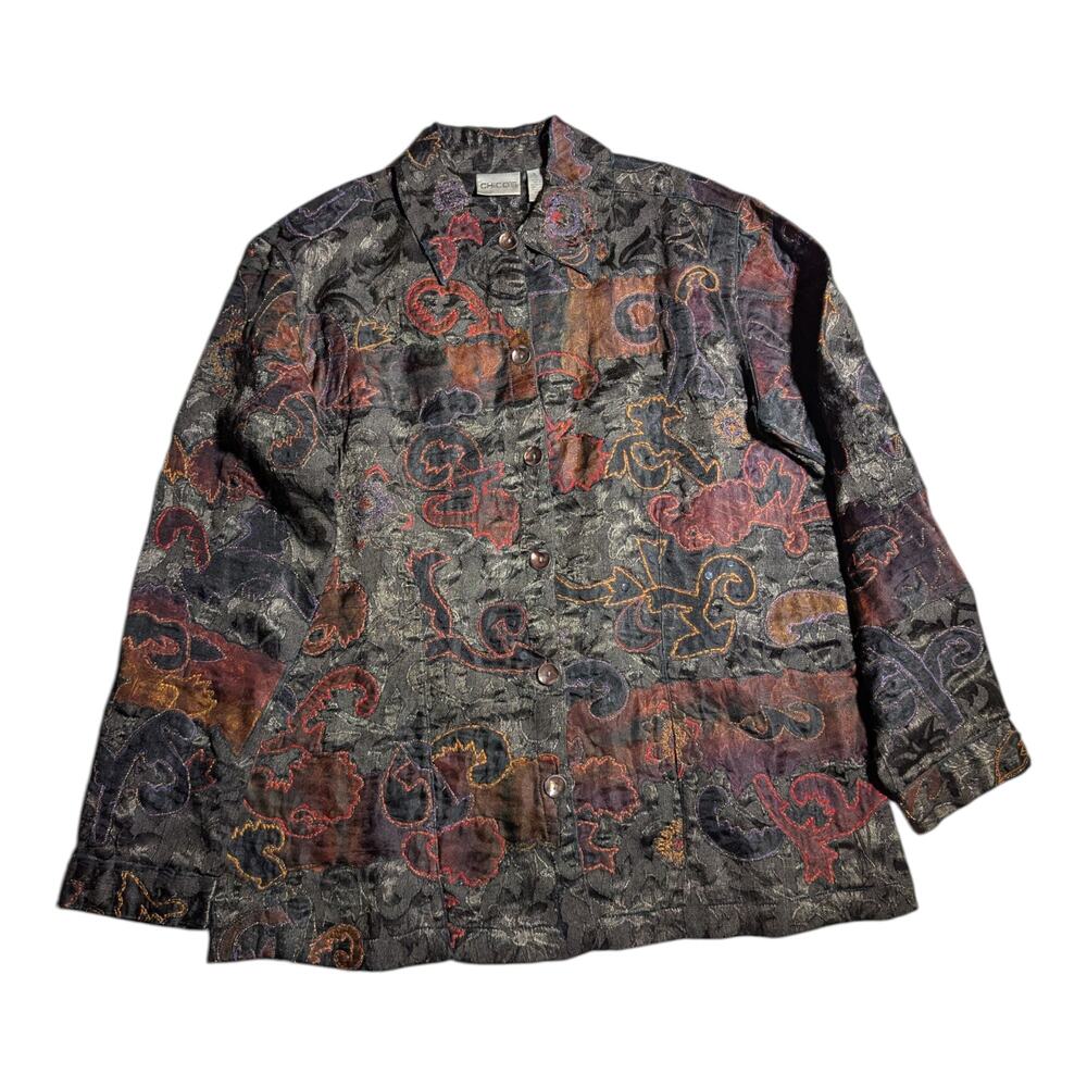 Vtg 1990s Chico's Black Silk Patchwork Abstract Embroidered Button Up Jacket 1 M